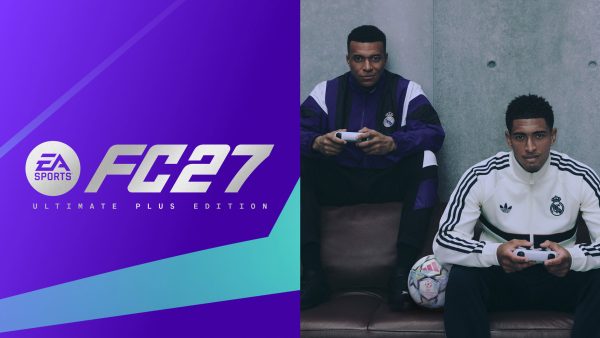 EA SPORTS FC 27 Ultimate Plus Edition key art: Kylian Mbappe and Jude Bellingham in Real Madrid training jackets holding controllers, beside the FC 27 logo