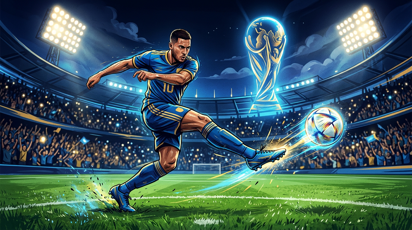 Stylized illustration of a soccer player kicking a ball under stadium floodlights