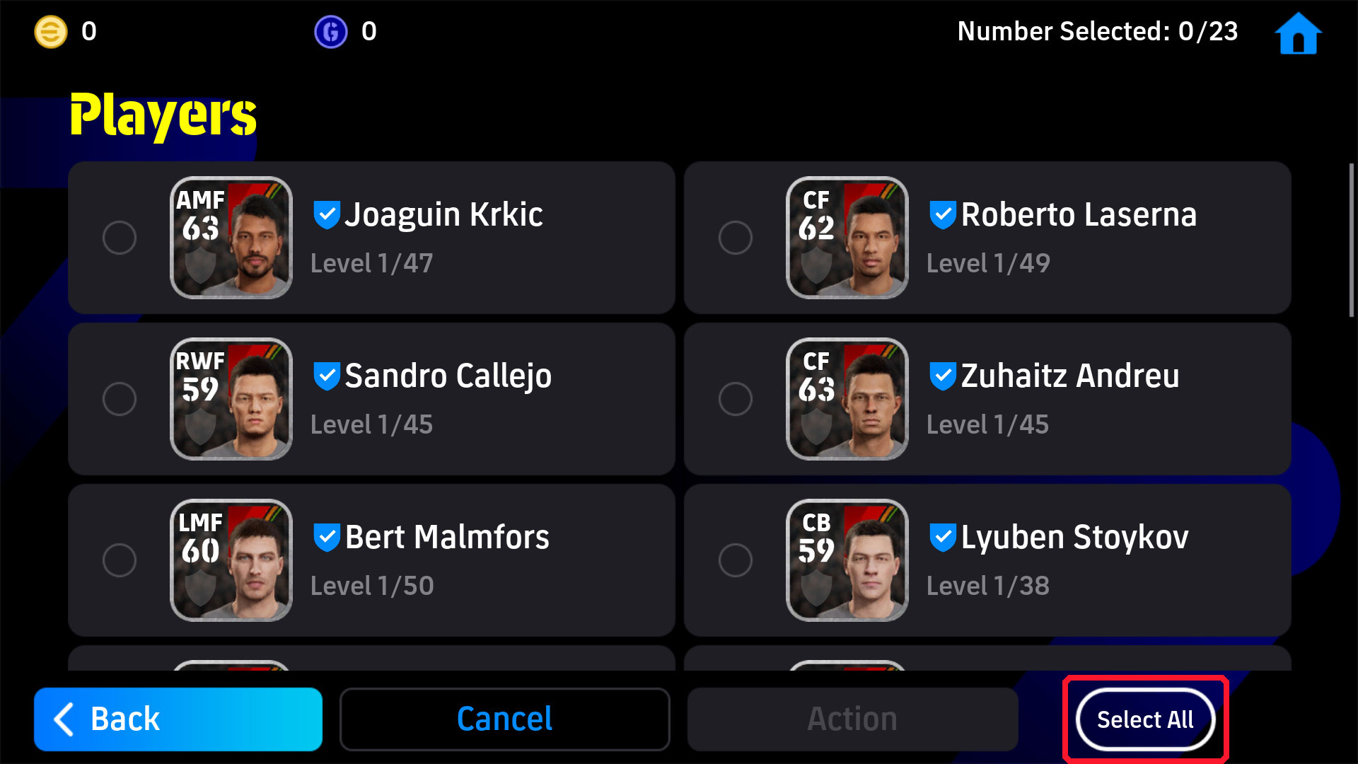 eFootball v5.5.0 My Team screen showing the new option to select every player at once before releasing them
