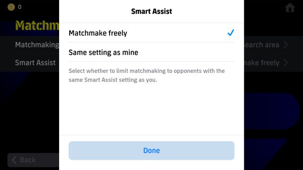 eFootball v5.5.0 Smart Assist menu with Matchmake freely selected and Same setting as mine as the alternative option