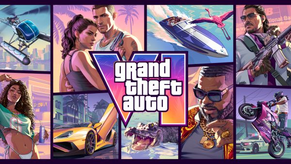 Official Grand Theft Auto VI key art from Rockstar Games, a panel collage of Vice City characters, vehicles and wildlife around the GTA VI logo