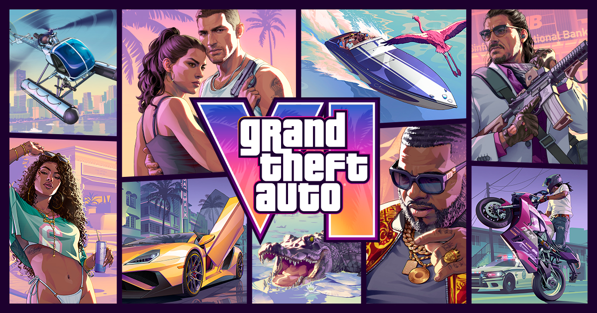Official Grand Theft Auto VI key art from Rockstar Games, a panel collage of Vice City characters, vehicles and wildlife around the GTA VI logo