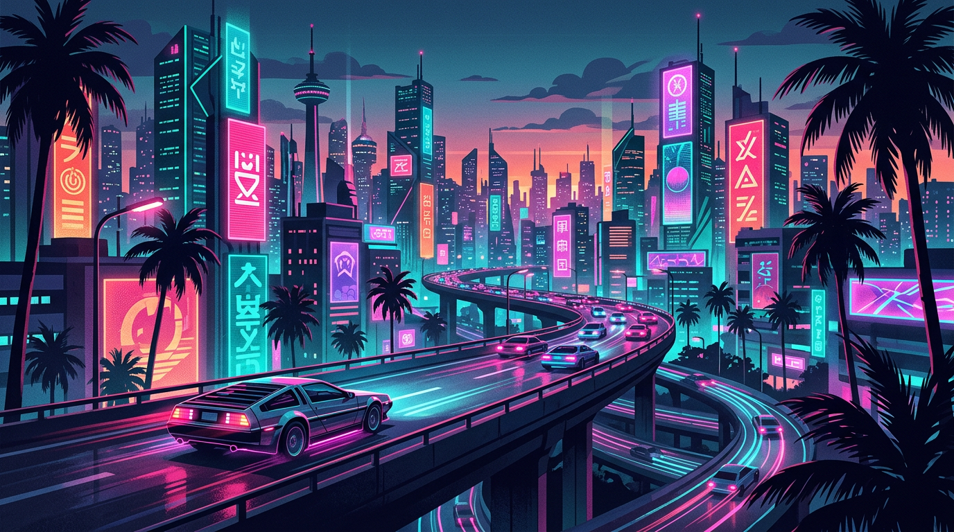 Neon-lit fictional city skyline illustration at dusk