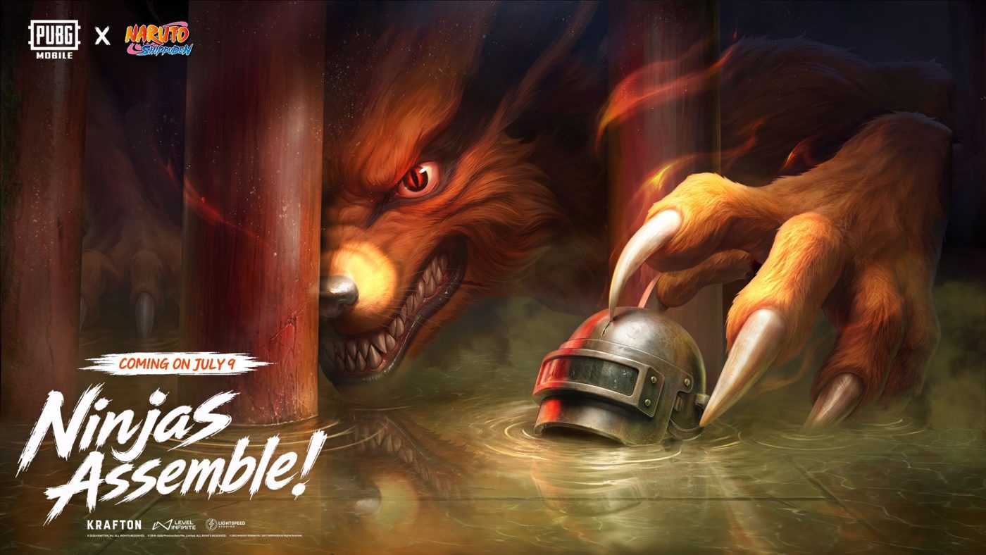 PUBG Mobile x Naruto Shippuden key art: the Nine-Tails looms between torii pillars and reaches a clawed paw toward a PUBG helmet floating in water, captioned Ninjas Assemble