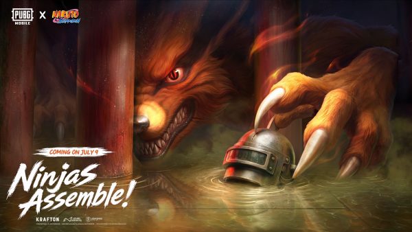 PUBG Mobile x Naruto Shippuden key art: the Nine-Tails looms between torii pillars and reaches a clawed paw toward a PUBG helmet floating in water, captioned Ninjas Assemble