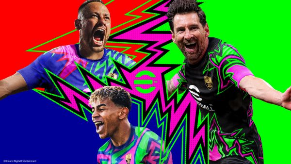 eFootball key art: Messi, Neymar and Lamine Yamal celebrating in eFootball kits against neon lightning-bolt panels
