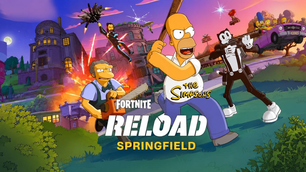 Fortnite Springfield Reloaded map showing Simpsons-themed locations including Krusty Burger and Moe's Tavern