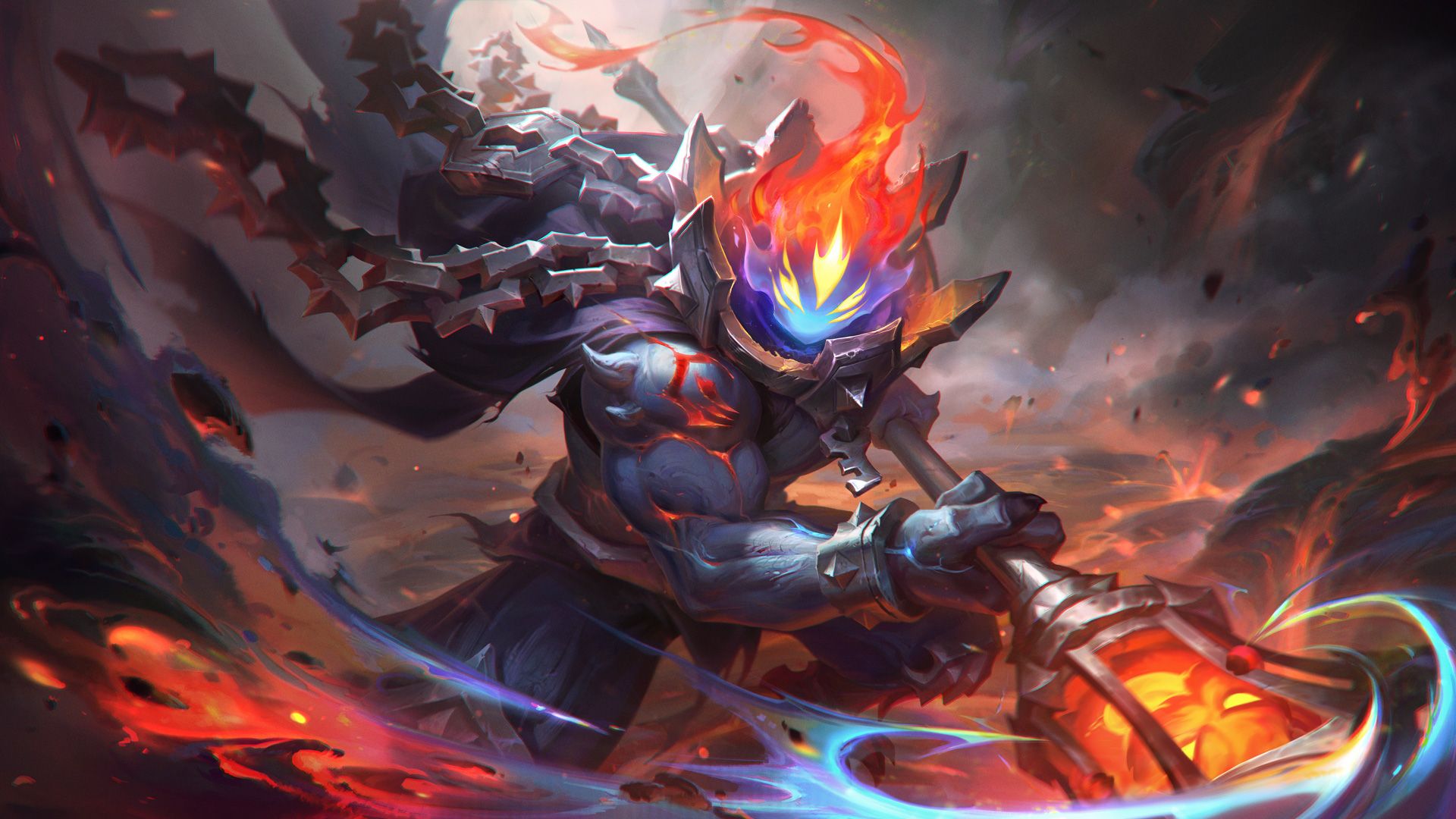 Prestige Magma Chamber splash art from League of Legends patch 26.15, gold and crimson armour against an erupting arena backdrop