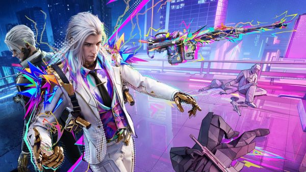 PUBG Mobile key art: a skinned assault rifle floats mid-air beside two operators on a neon rooftop, with a pistol and a second rifle on the ground