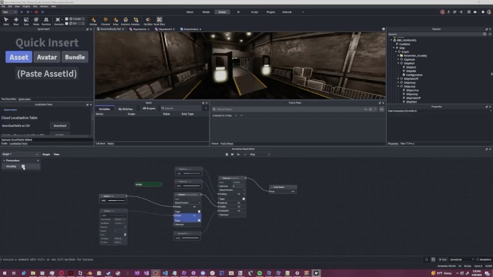 Roblox Studio with the Animation Graph editor open, showing a node graph wired from a parameter through blend and select nodes into a graph output