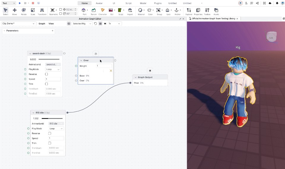 Roblox Animation Graph editor showing real-time node visualisation while the experience runs