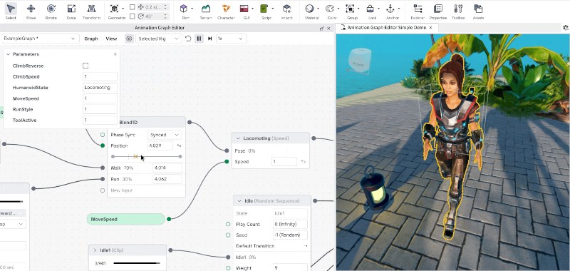 Close-up of the Roblox Animation Graph node editor with clip, blend and select nodes connected